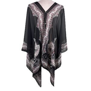 J Jill Poncho Two Way Semi Sheer Chiffon Multicolor Black Boho OS